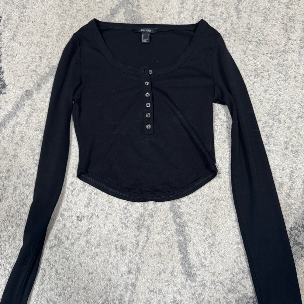 Black Long Sleeve Button-Up Top